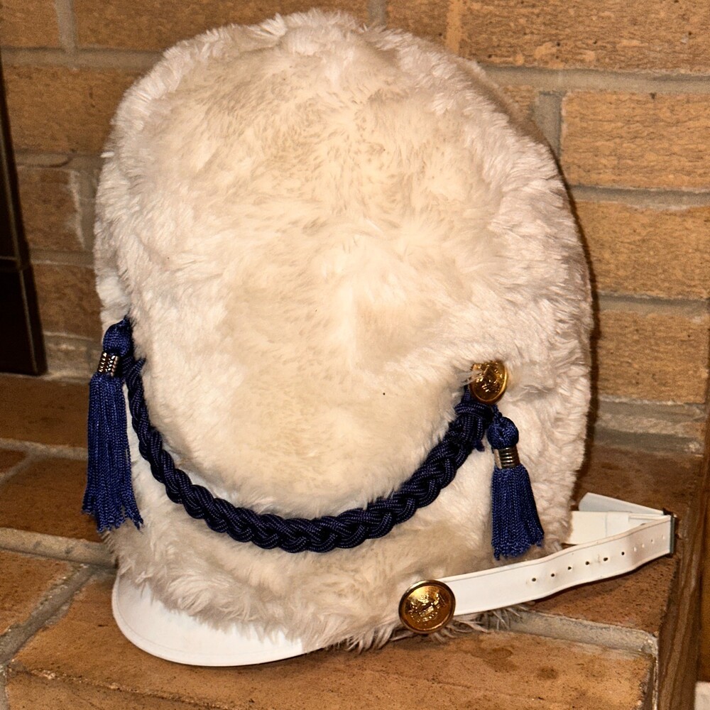 Vintage Ostwald White Faux Fur Drum Major Band Hat White Blue Military Parade